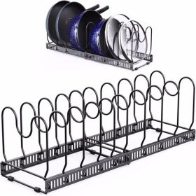 Expandable Pans Organiser Rack,Pot and Pan Lid Holder with 10 Adjustable Dividers,Bakeware Saucepan Lid Storage for Kitchen Cupboard, Black