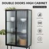 Retro Style Fluted Glass High Cabinet Storage Dual Doors Three Detachable Wide Shelves Enclosed Dust-free Storage for Living Room Bathroom Dining Room