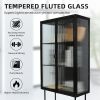 Retro Style Fluted Glass High Cabinet Storage Dual Doors Three Detachable Wide Shelves Enclosed Dust-free Storage for Living Room Bathroom Dining Room