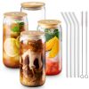 Combler Glass Cups with Bamboo Lids and Straws, 16 oz Drinking Glasses 4pcs Set, Iced coffee Cup Coffee Bar Accessories, Beer Glass Coffee Cups with L